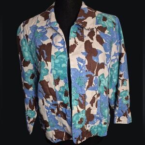 Kim Rogers Petite Blue/Brown Floral 100% Linen Lightweight Jacket - Size PL